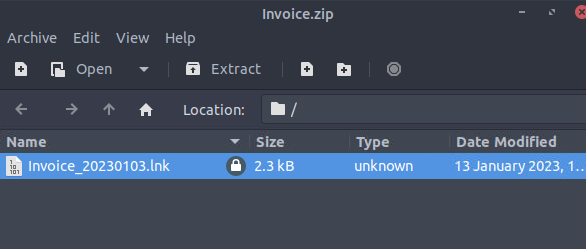 ZIP contents showing Invoice_20230103.lnk