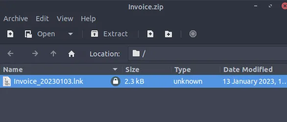 ZIP contents showing Invoice_20230103.lnk