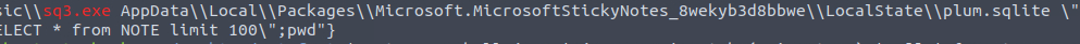 sq3.exe command against plum.sqlite showing Sticky Notes path