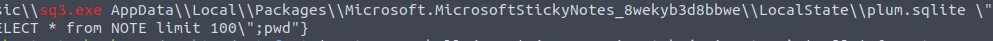 sq3.exe command against plum.sqlite showing Sticky Notes path