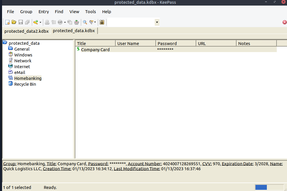 KeePass database opened showing credit card 4024007128269551