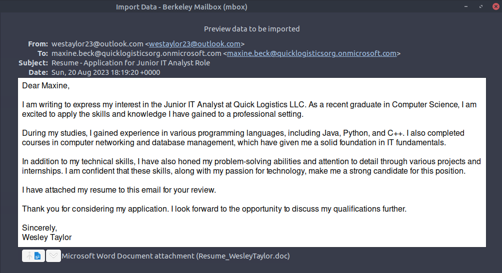 email header showing sender, recipient, and attachment
