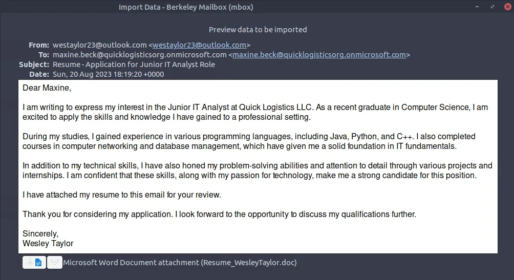 email header showing sender, recipient, and attachment