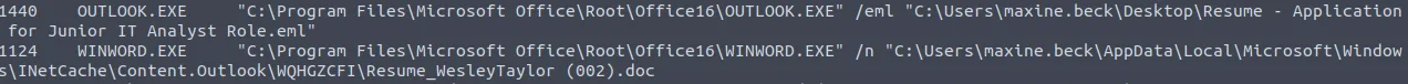 Volatility cmdline showing full INetCache path of Resume_WesleyTaylor (002).doc