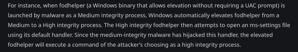 UAC bypass research showing fodhelper technique