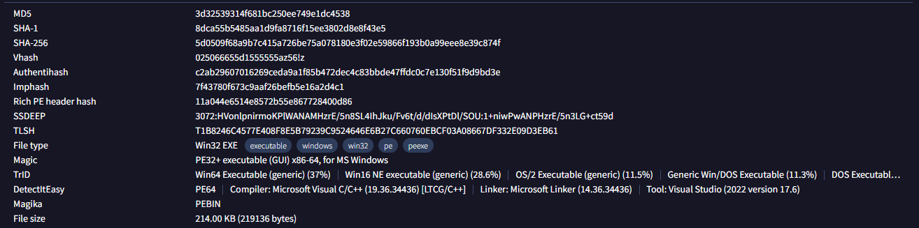 VirusTotal file details section showing win32 exe type