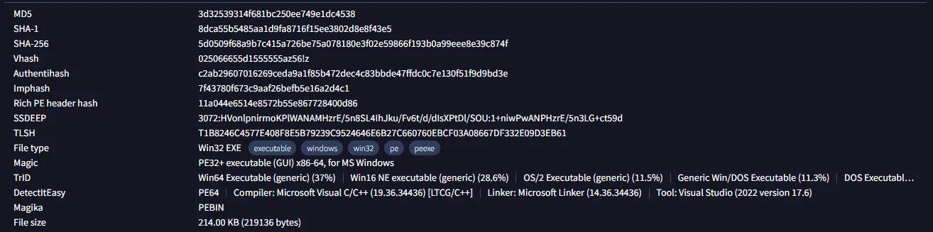 VirusTotal file details section showing win32 exe type
