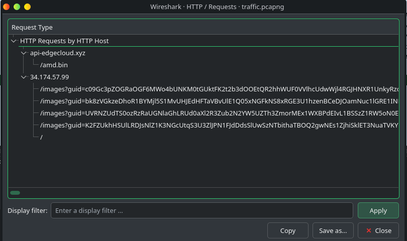 HTTP statistics showing requests to 34.174.57.99 and api.edgecloud.xyz