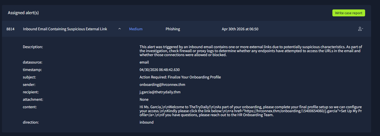 Alert 8814 details showing the suspicious onboarding email to j.garcia