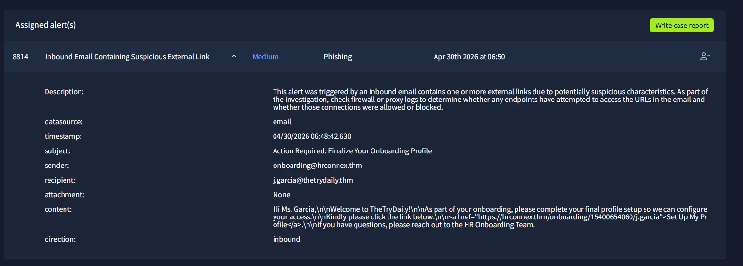Alert 8814 details showing the suspicious onboarding email to j.garcia