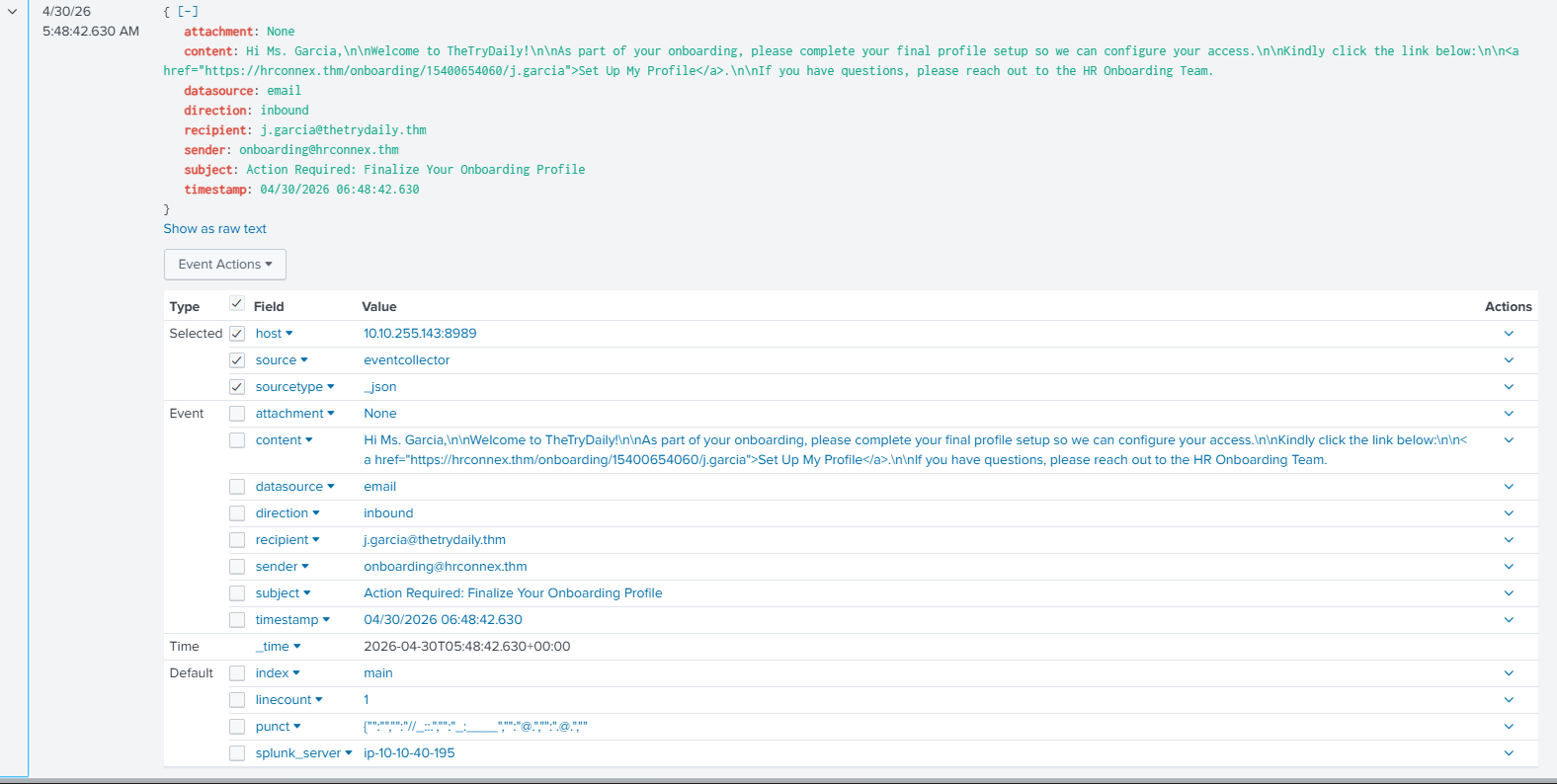 Splunk log showing the j.garcia email event fields