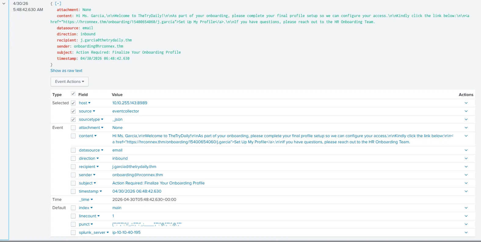 Splunk log showing the j.garcia email event fields