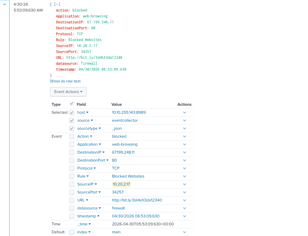 Splunk firewall log confirming the blocked connection to 67.199.248.11