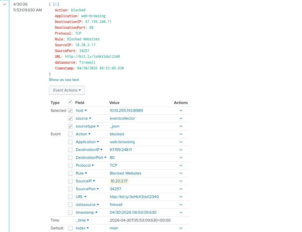 Splunk firewall log confirming the blocked connection to 67.199.248.11