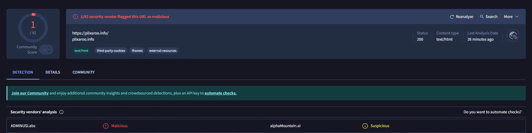 VirusTotal results showing 1/92 malicious, 1 suspicious for plixaroo.info