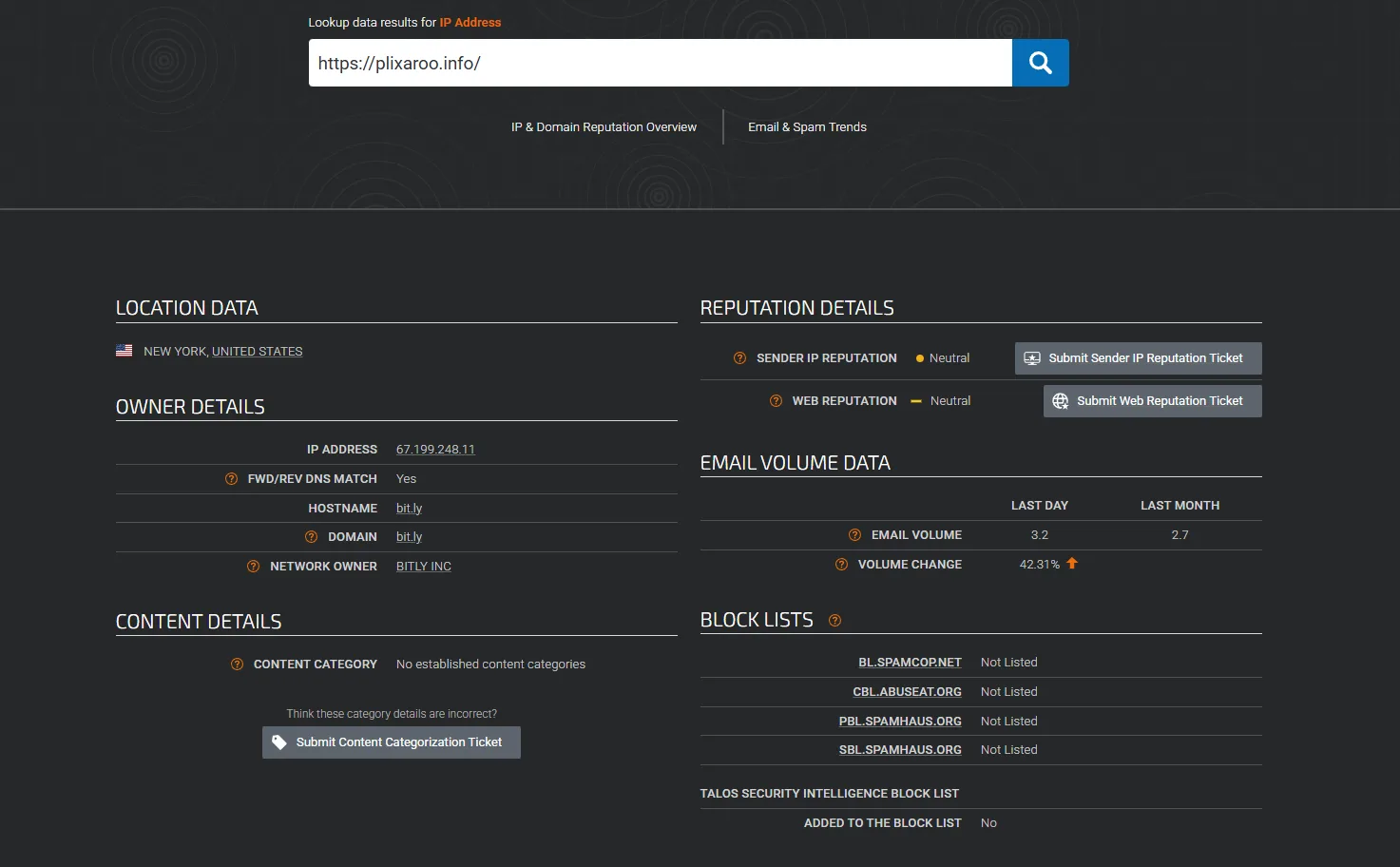 Cisco Talos showing neutral reputation for the destination IP