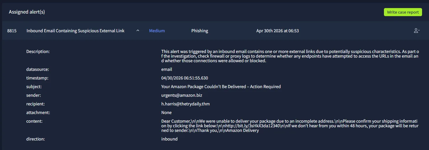 Alert 8815 details showing the Amazon phishing email to h.harris