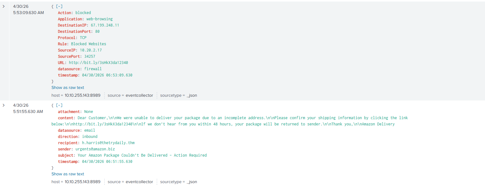 Splunk showing both the phishing email and firewall block events for h.harris