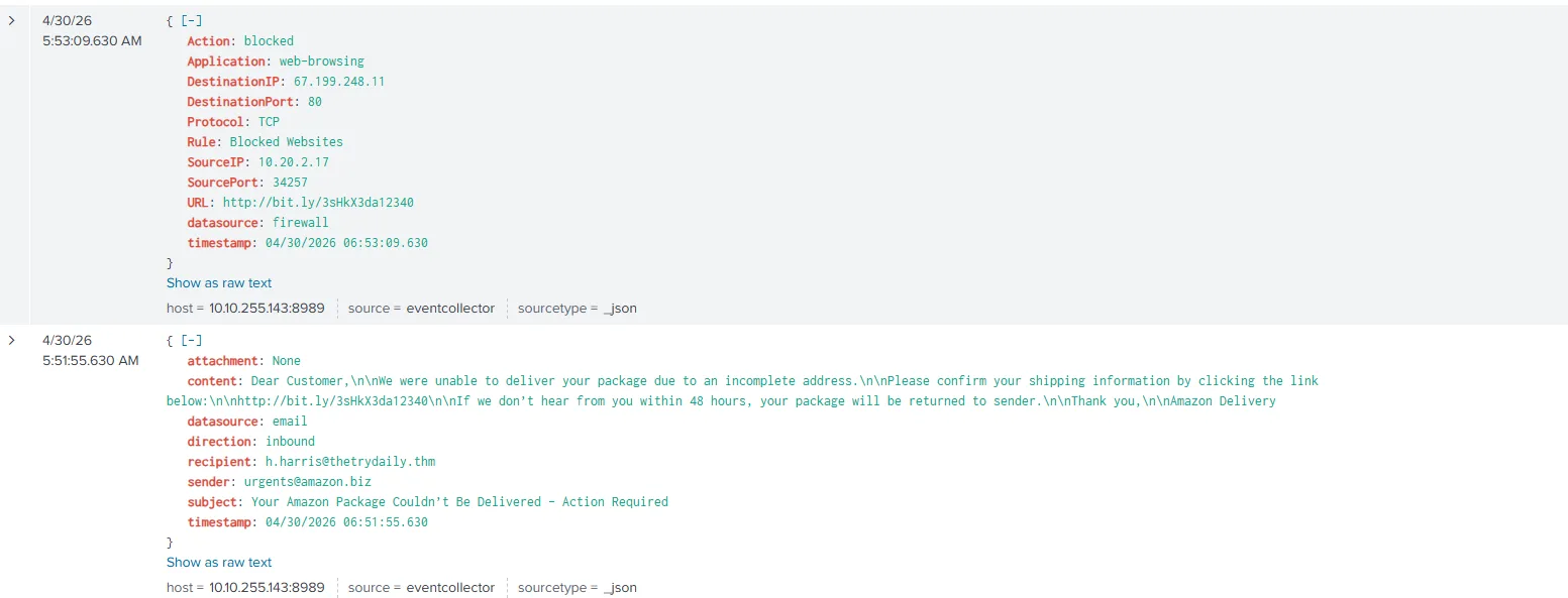 Splunk showing both the phishing email and firewall block events for h.harris