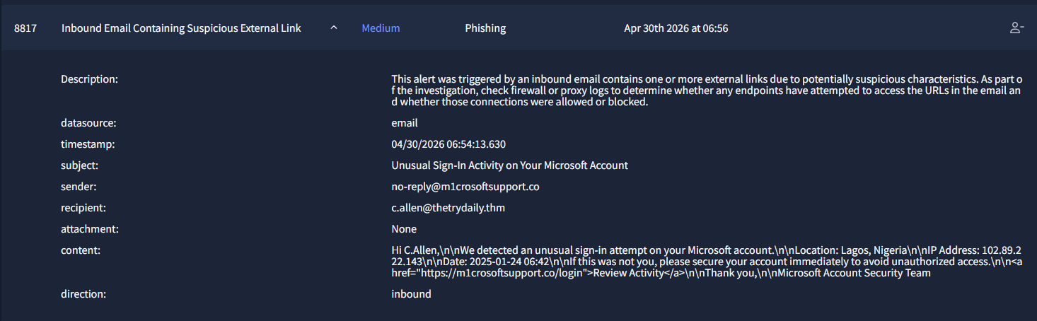 Alert 8817 details showing the Microsoft impersonation email to c.allen