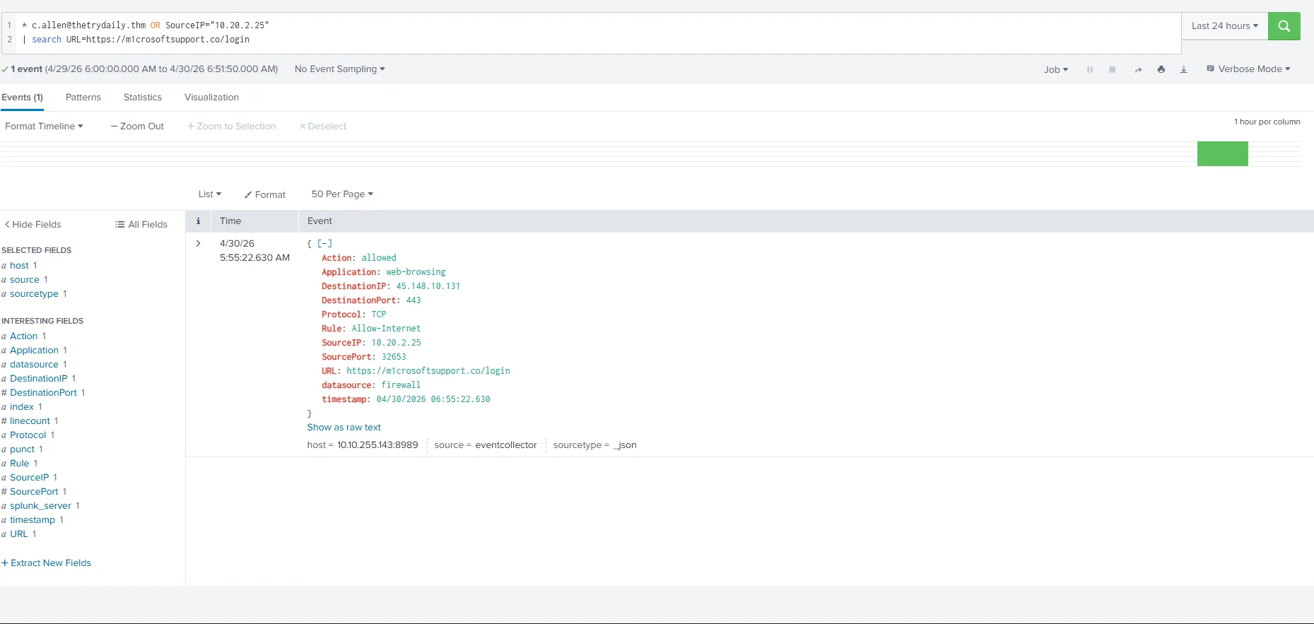 Splunk showing the allowed outbound connection to m1crosoftsupport.co/login from 10.20.2.25