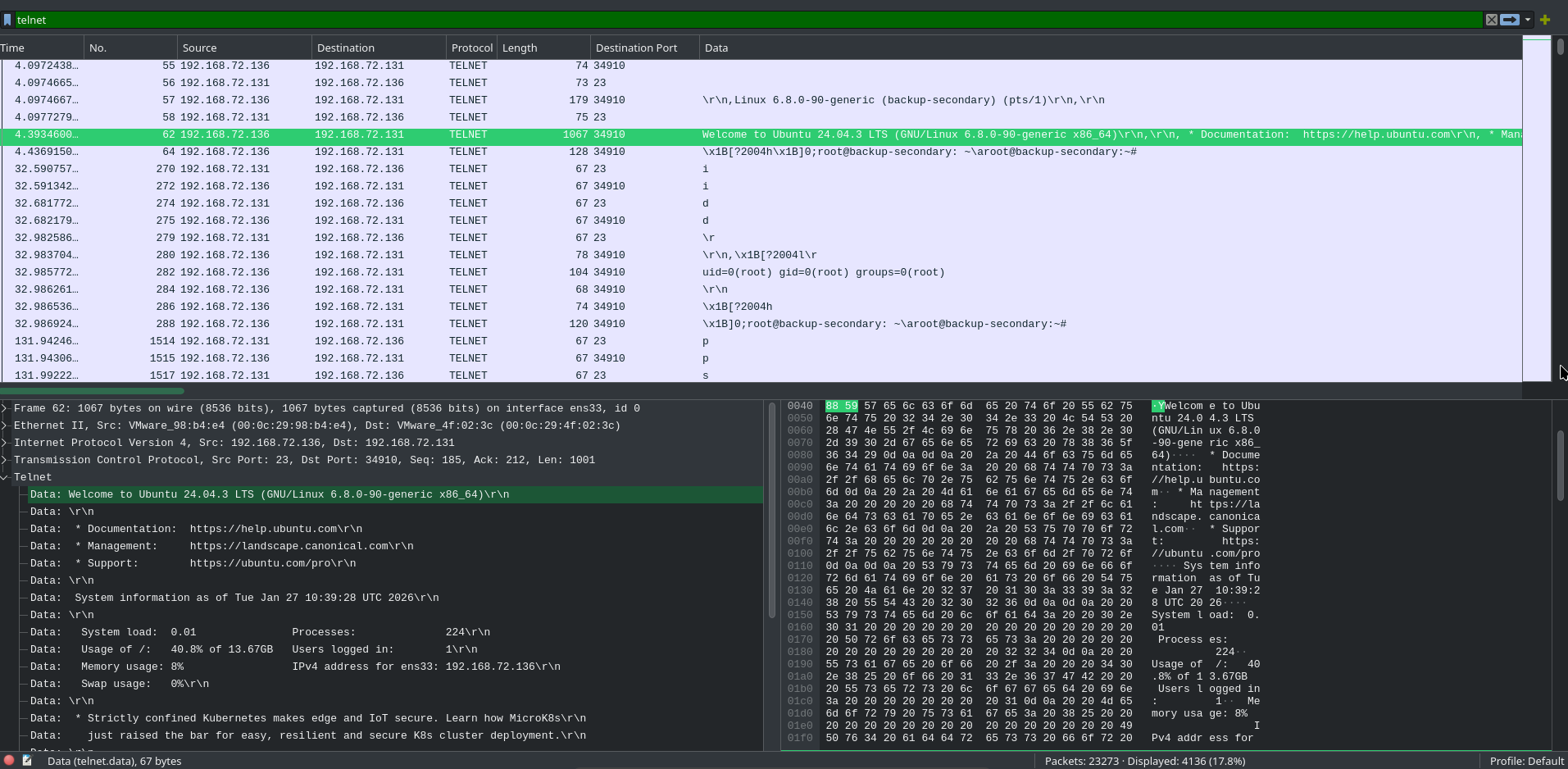 Wireshark filter showing Telnet packets