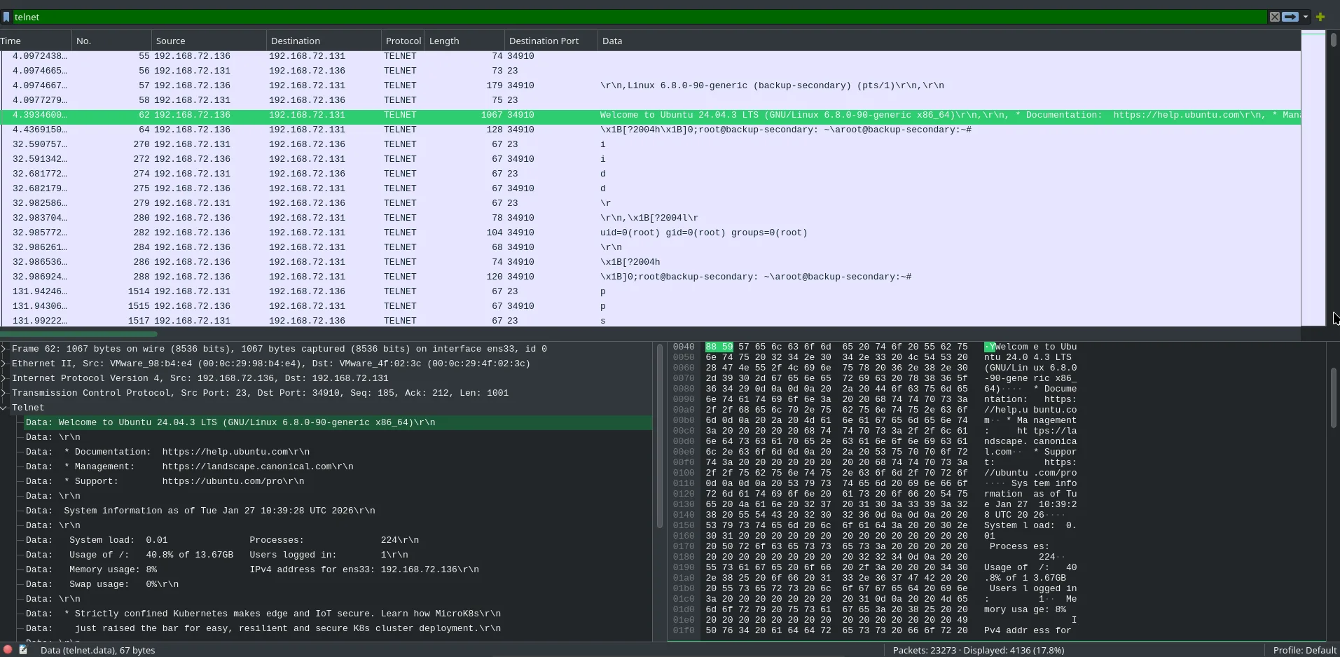 Wireshark filter showing Telnet packets