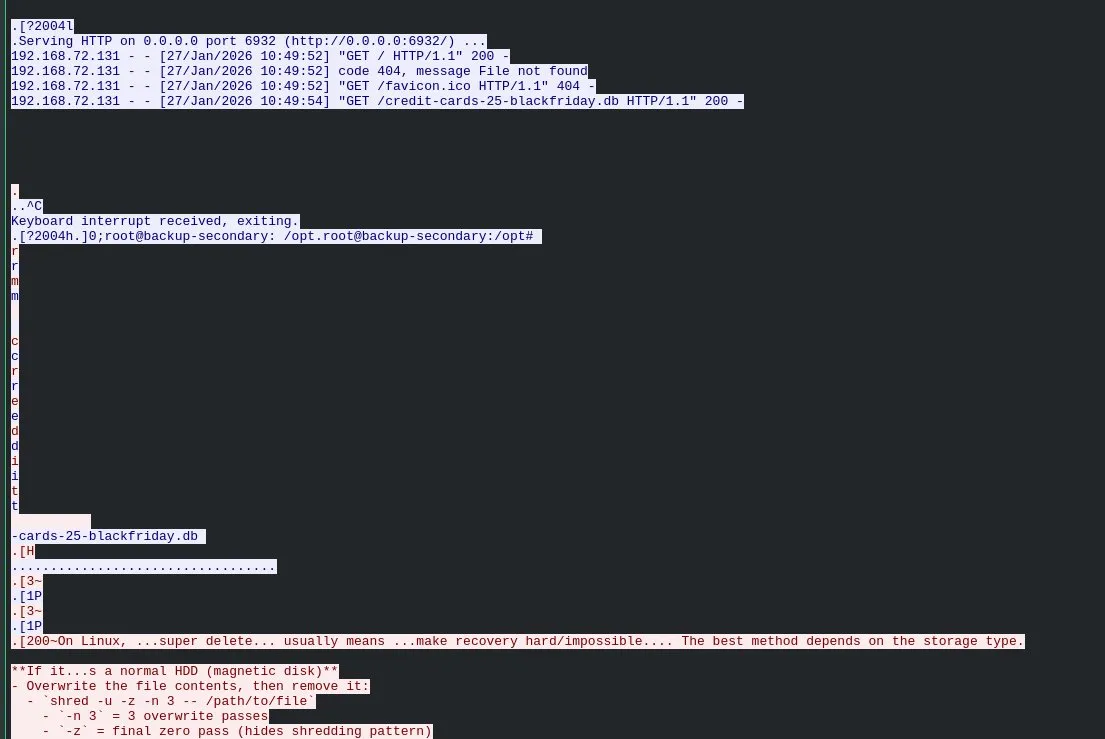 TCP stream showing database shredded after exfiltration