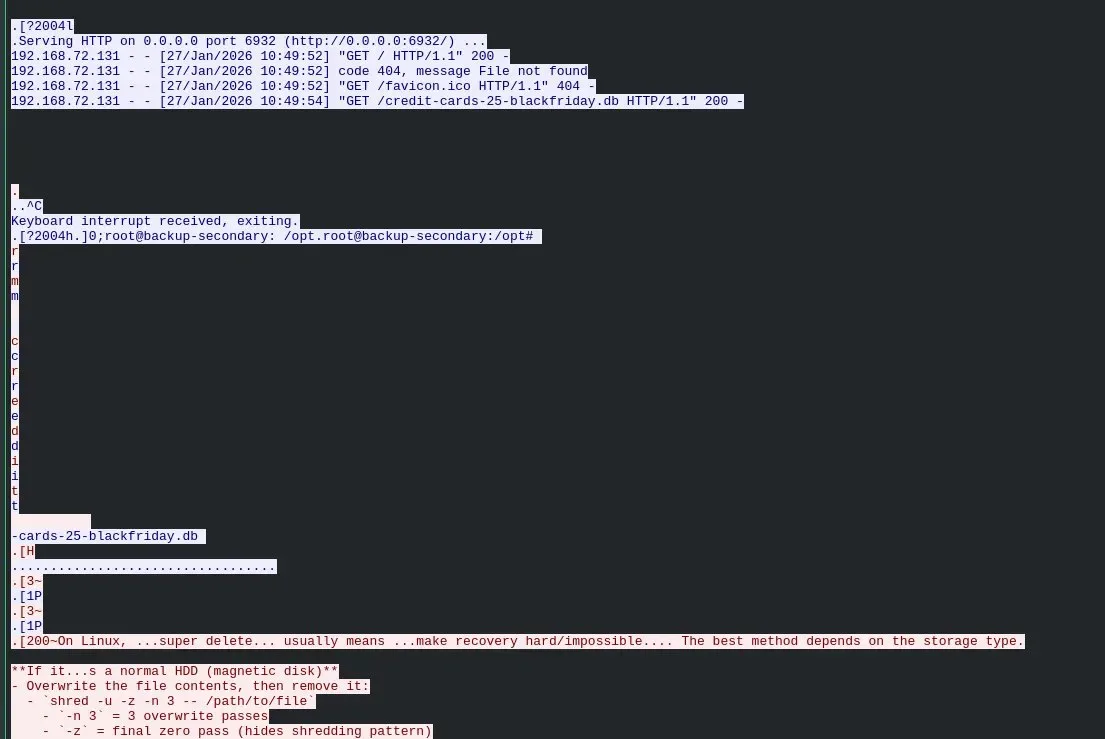 TCP stream showing database shredded after exfiltration