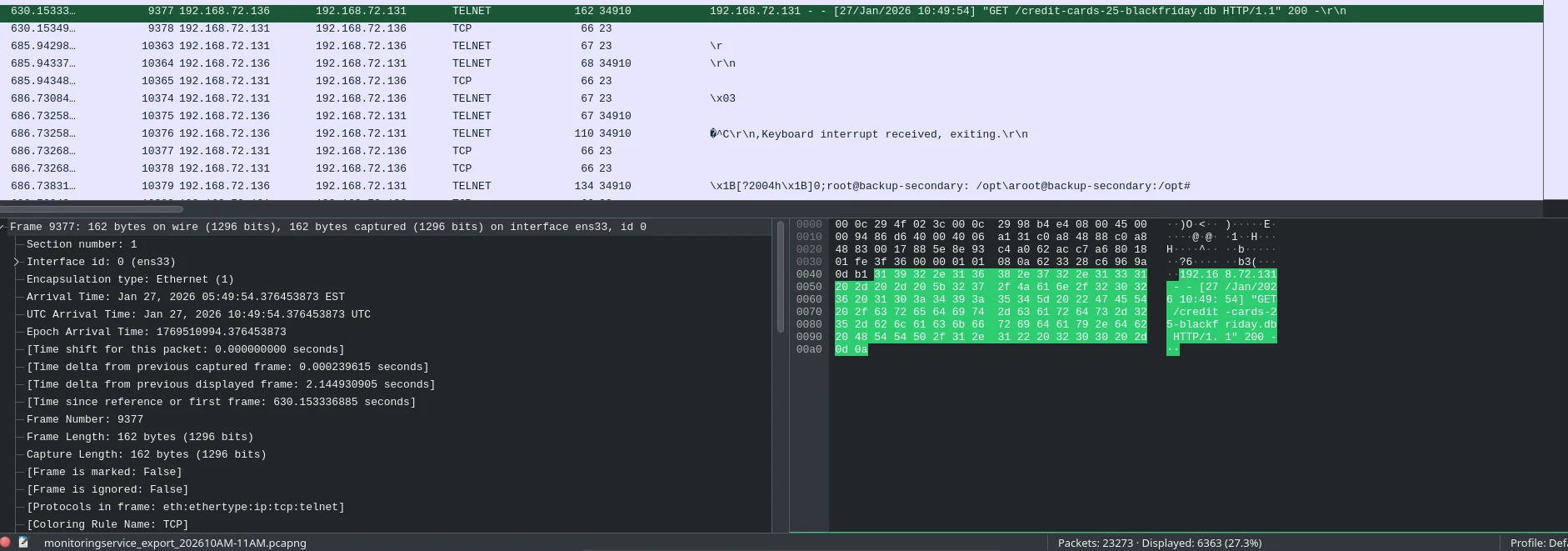 Wireshark packet showing database exfiltration timestamp