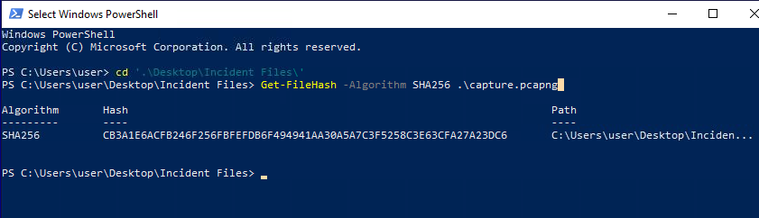 Get-FileHash output for capture.pcapng showing SHA256