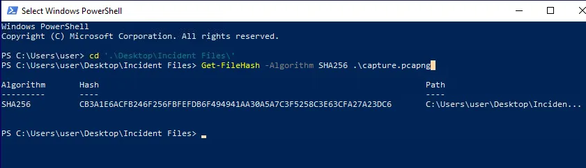 Get-FileHash output for capture.pcapng showing SHA256