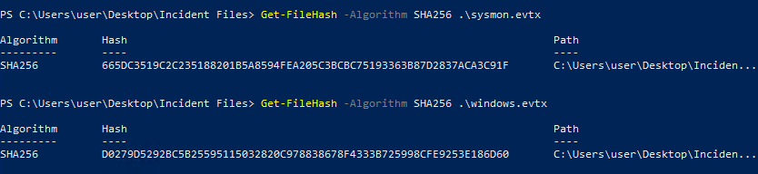 Get-FileHash output for sysmon.evtx and windows.evtx