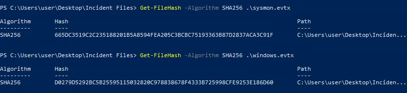 Get-FileHash output for sysmon.evtx and windows.evtx
