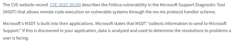 CVE-2022-30190 Follina vulnerability reference page