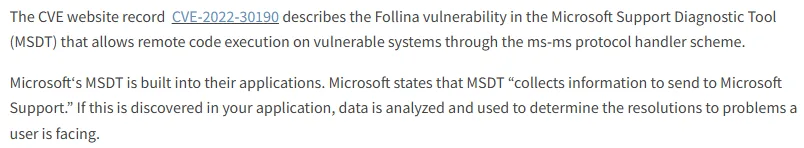 CVE-2022-30190 Follina vulnerability reference page