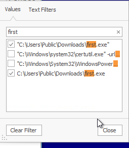 Timeline Explorer filter for first.exe showing matching log entry