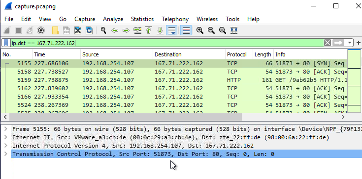 network connection log confirming port 80 for resolvecyber.xyz