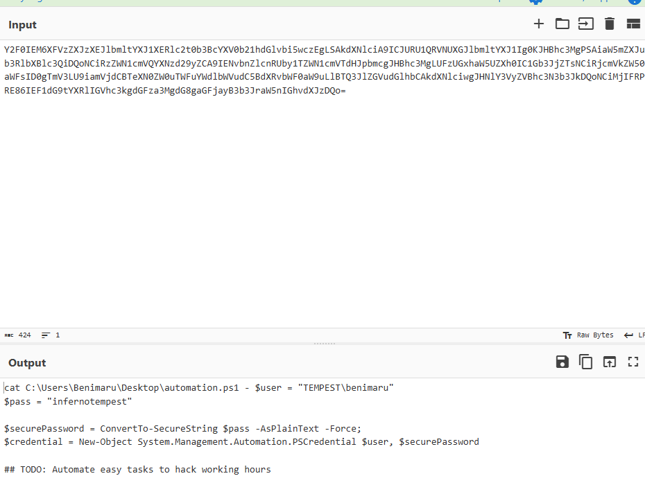 CyberChef decoding base64 C2 command revealing $pass="infernotempest"