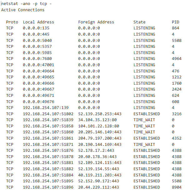 decoded netstat output showing port 5985 open