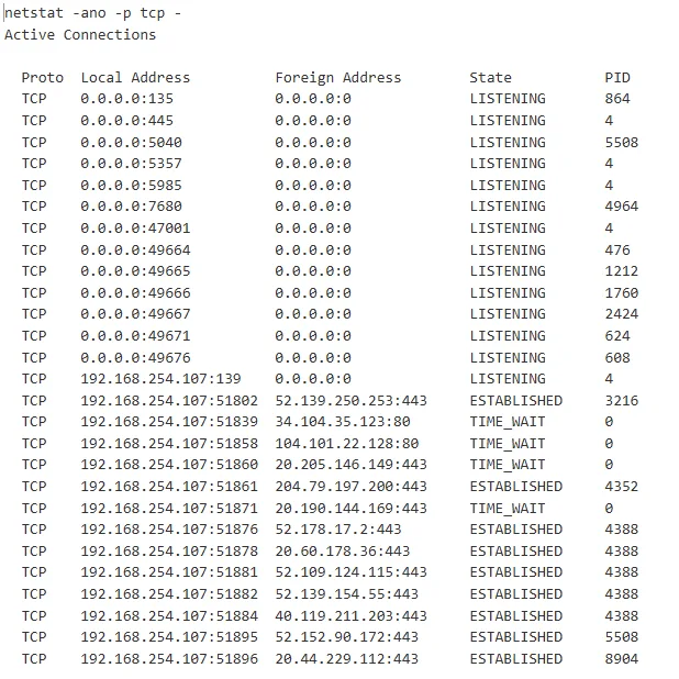 decoded netstat output showing port 5985 open